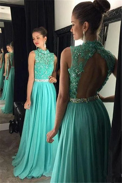

Sexy Halter A-Line Long Blue Lace Beaded Evening Dress with Pockets Floor Length Open Back Formal Party Dress for Women