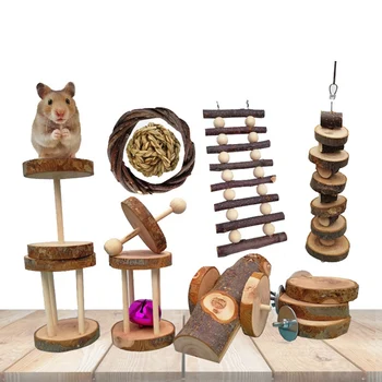 

Wooden Pet Toys Hamster Rabbit Bird Parrot Play Molar Set Natural Wooden Dumbells Exercise Bell Roller Tee