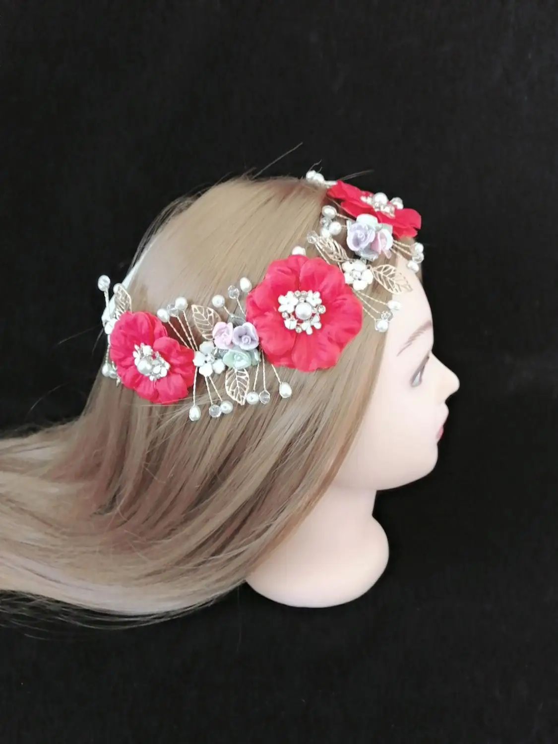 Hot Wedding Tiara Ring Bearer Garland Hairwear Jewelry Accessories,Luxury Korean Red 3D FLoral Hairband Bridal Rhinestone Comb