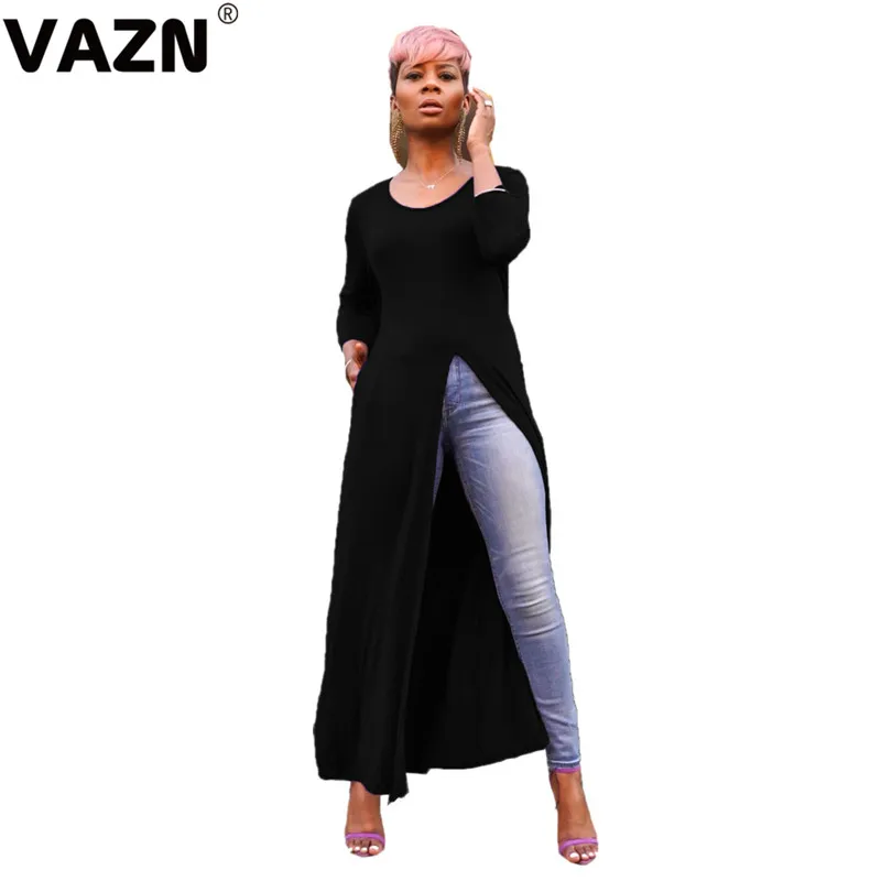 VAZN AWN5051, одноцветные,, модные, сексуальные, женские, асимметричные, Длинные Топы, сексуальные, женские, с круглым вырезом, с длинным рукавом, повседневные, открытые футболки, топы