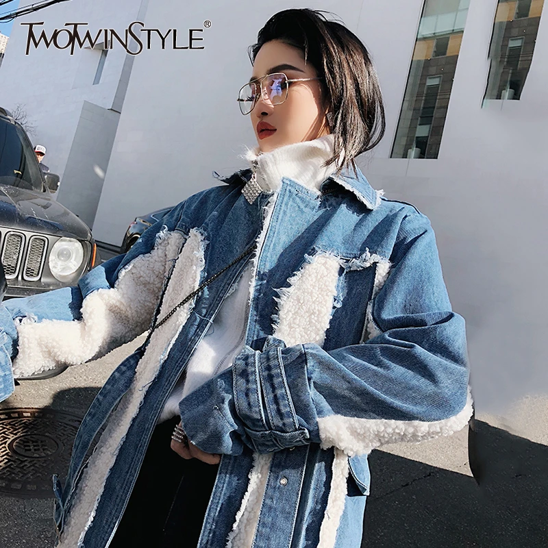 

TWOTWINSTYLE Hit Color Patchwork Denim Tassel Trench Coats For Women Lapel Collar High Waist Sashes Windbreakers Autumn New 2019