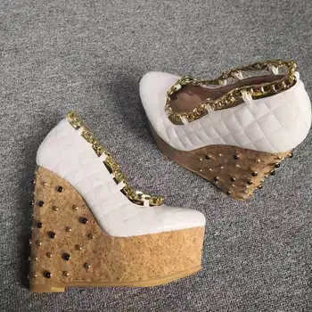 

RIBETRINI Luxury Female Round Toe Platform Slip On Wedges Pumps Chain Rivet Shallow Pumps Women Party Dress Shoes Woman