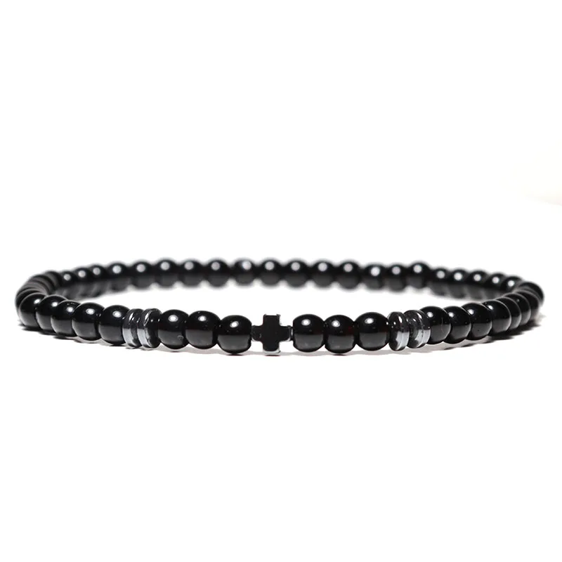 Hematite Stone Mens Beaded Skull Bracelet