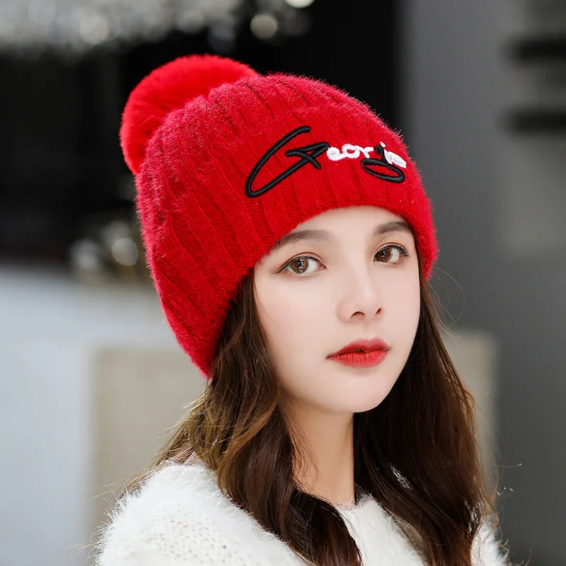 New Winter Knitted Beanies Hats Women Pompom Letter Knit Hat Fashion Solid Color Warm Beanie Skullies Hat Female Winter Cap