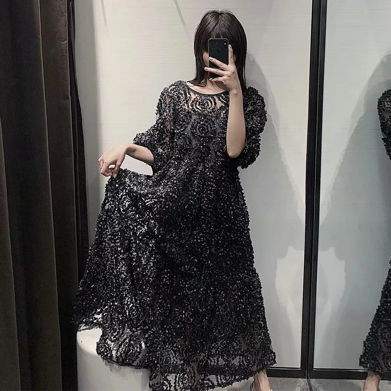 Женское элегантное Сетчатое кружевное праздничное платье с цветочным рисунком, круглым вырезом, коротким рукавом, модное свободное летнее черное праздничное платье vestidos