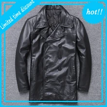 Мужская длинная куртка из натуральной кожи, Осень-зима, коровья кожа, теплое деловое черное пальто для мужчин, большой размер, винтажная Толстая куртка