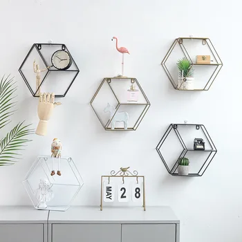 

Iron Metal Wall Shelf Hexagon Geometric Gold Storage Rack Hanging Display Holder for Kitchen Bathroom Home Decoration Shelves
