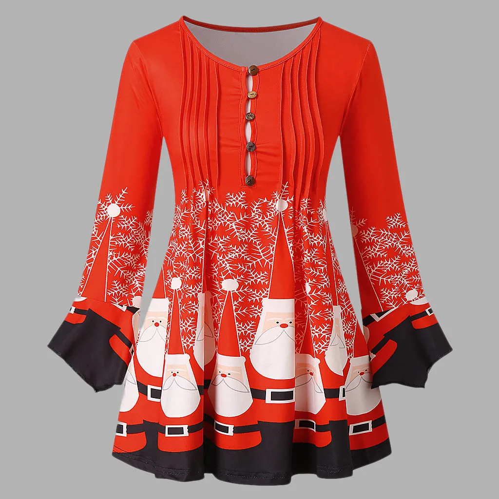 Hot Sale Christmas Blouse Fashion Women Santa Claus Printed Casual Button Plus Size Tops Blouses Keyhole Shirts | Женская одежда
