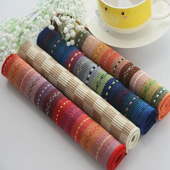 

Colorful Pure Strip Placemat 45*30cm Table Mat Non-Slip Bowl Plate Cup Pads Braided Placemat Insulation Pad Kitchen Accessories