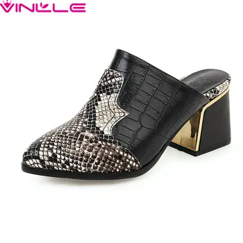 

VINLLE 2020 Snakeskin PU Leather Slip on Ladies Shoes Pointed Toe Square Heel Sandals Summer Slingback Women Pumps Size 34-43