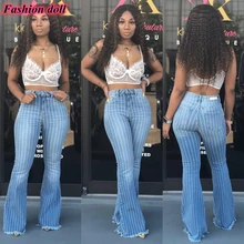 Повседневные пикантные синие женские джинсы, хлопковые джинсовые штаны Тонкий со средней талией, обтягивающие, в полоску flare Штаны в ковбойском стиле из джинсовой ткани femme