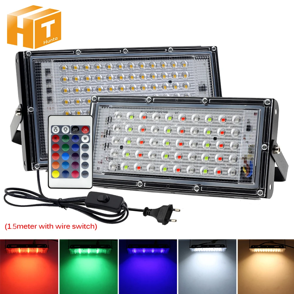 Projecteur LED RGB avec prise UE, lumière blanche chaude, budgétaire  étanche IP65, 50W, 100W, AC 220V