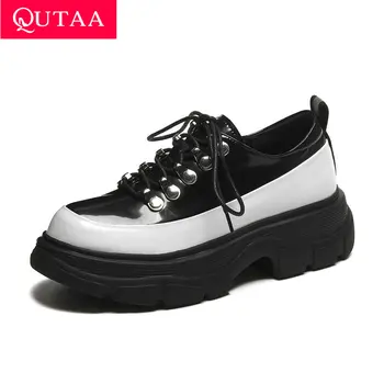 

QUTAA 2021 Lace Up Square Med Heel Ankle Boots Autumn Winter Women Shoes Genuine Leather+PU Casual Ladies Pumps Size 34-41