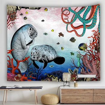 

Octopus Wall Tapestry Animal Mandala Wall Hanging Tapestry Carpet Kids Fabric Room Hippie Conch Wall Psychedelic Seal Decor Boho