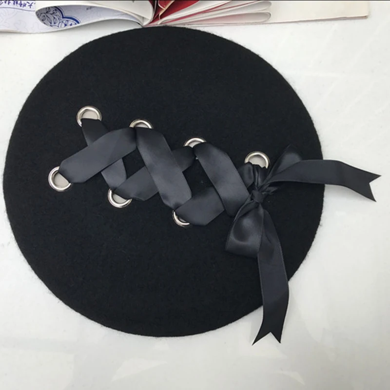 Sweet Cute Berets Women Winter Hats Soft Black Color Ribbon Woolen Classical Straps Cross Bow Bonnet Boina Mujer Feminina