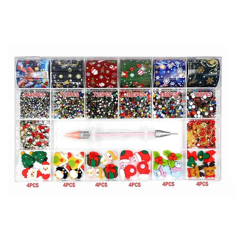 

21 Grid Christmas Nail Art Rhinestone Decoration 3D Nail Bear Starry Sky Paper Snowflake Point Drill Pen DIY Christmas Nail Art