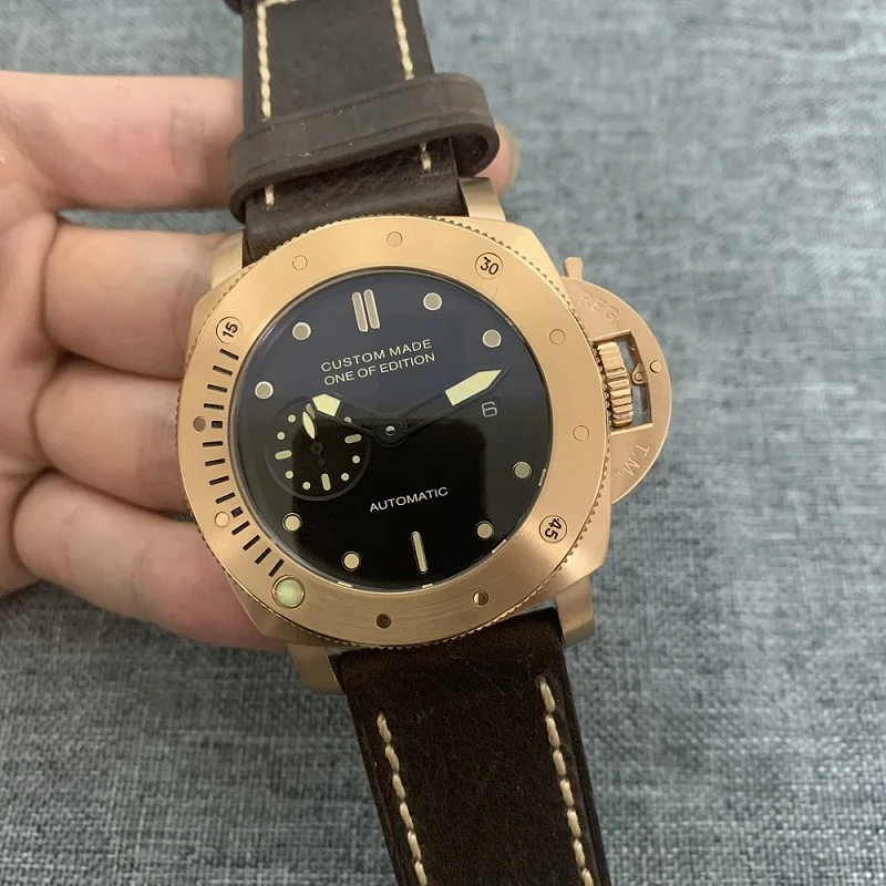 

Watch Men Automatic Mechanical Stainless Steel 47mm Rose gold Case Leather strap Waterproof date Luminous Watches Men