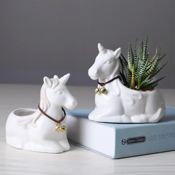 

2 Pieces White Ceramic Unicorns Flower Pots Planters for Succulents Plants Mini Bonsai Containers Home Garden Desktop Decoration