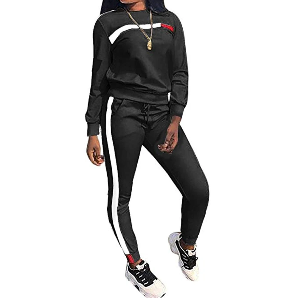 CYSINCOS размера плюс 3XL брендовый спортивный костюм женский Повседневный Топ с круглым вырезом и штаны комплект из 2 предметов женские спортивные костюмы - Цвет: Black