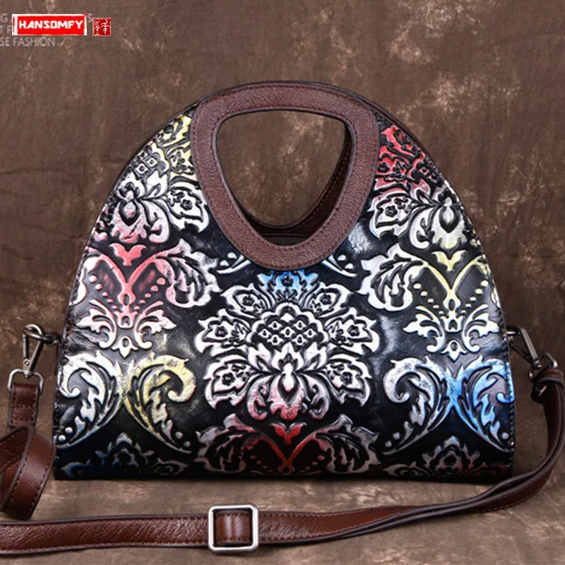 

New retro genuine leather women handbag embossed female shoulder crossbody bag pattern first layer leather small messenger bags