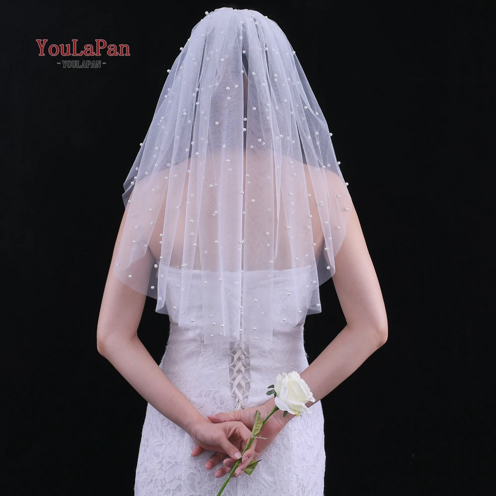 

YouLaPan V05 Elbow Length 60 CM Short Wedding Veil one Tier Wedding Veil Comb White Ivory Wedding Dress Veil Pearl Beaded Veil