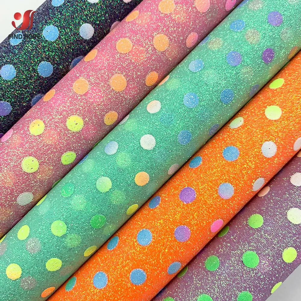 Rainbow Sparkle Polka Dots Fine Glitter Faux Leather for DIY Crafts and Handmade Accessories