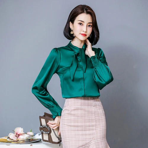 Blusas Mujer De Moda осенние модные офисные женские рубашки с длинным рукавом и бантом женские Однотонные блузки на каждый день женские топы 6225 50 - Цвет: Зеленый
