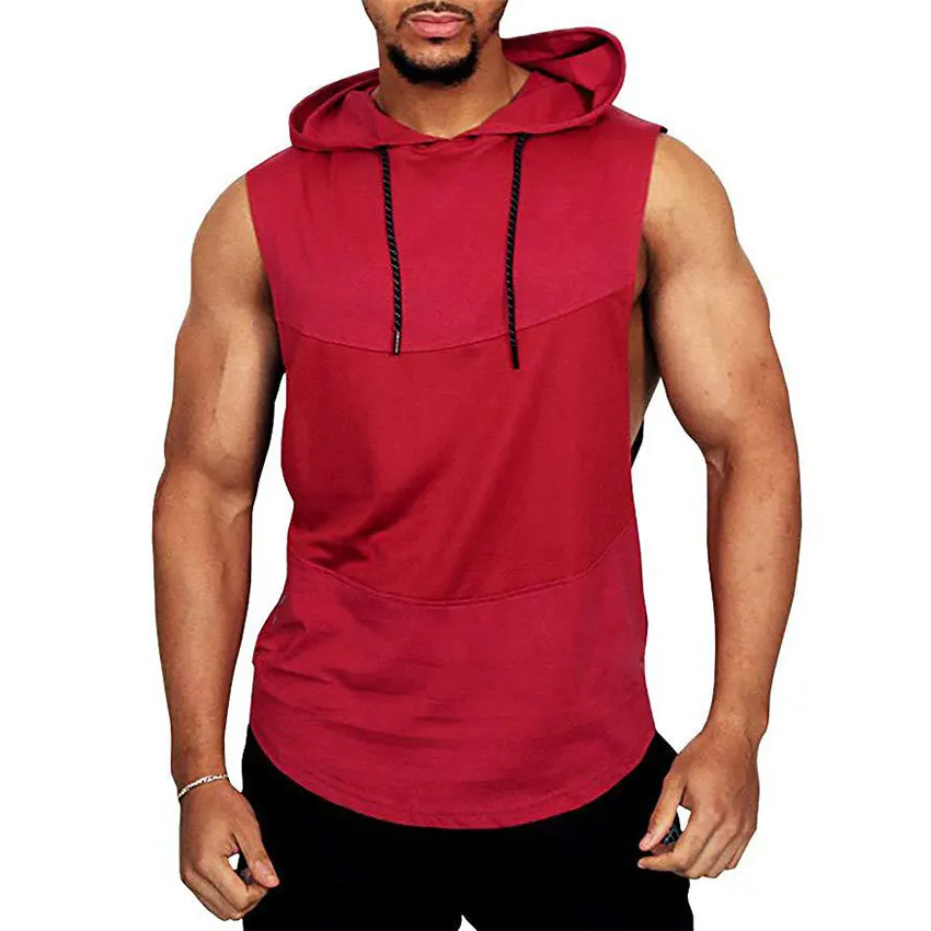 

Summer Casual Hooded T-Shirt Mens Sports Vest Grid Stitching Breathable T-Shirt Man Plus Size Sleeveless Summer Punk Male Tops