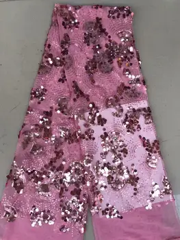 

pink sequins Lace Fabric High Quality African Nigerian Embroidered Tulle Lace Fabric With sequins Tassels For Wedding Dress FFD1