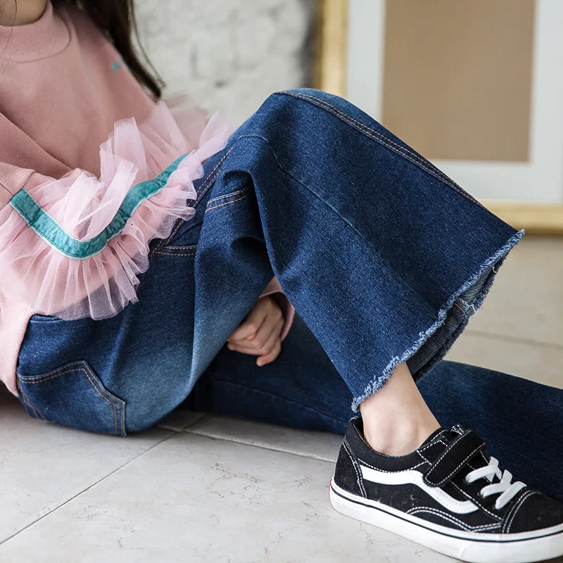 

Spring Crawler Korean-style Children Wide-Leg Jeans Girls Big Boy Bell-bottom Pants Cowboy Faded Pants