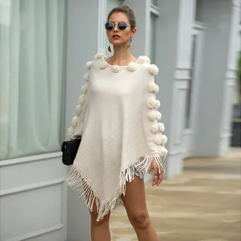 

Autumn Winter Women's Sweater Knitted Pullover Sweaters LADY Fringed Cloak Shawl Hair Ball Round Neck Solid Color Sweater