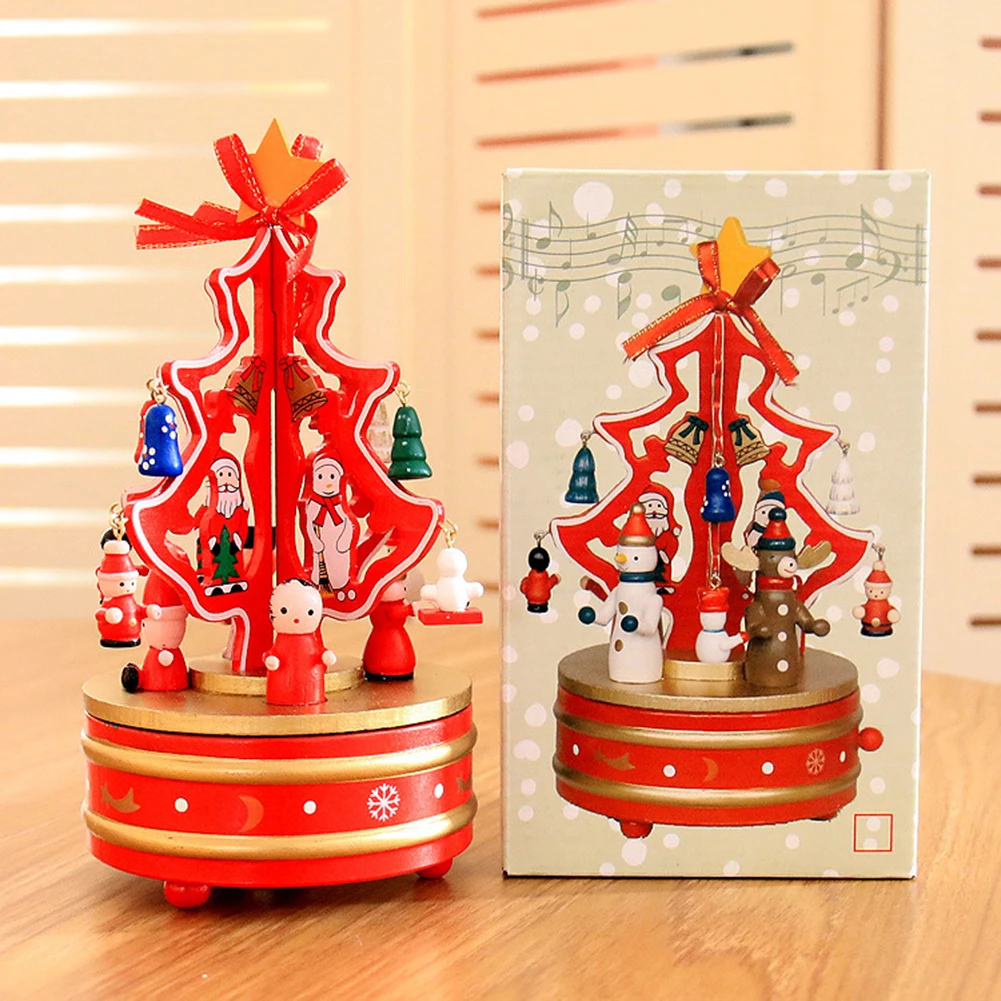Wooden Christmas Tree Rotating Carousel Music Box Kids Toy Gift Table Decor Swivel
