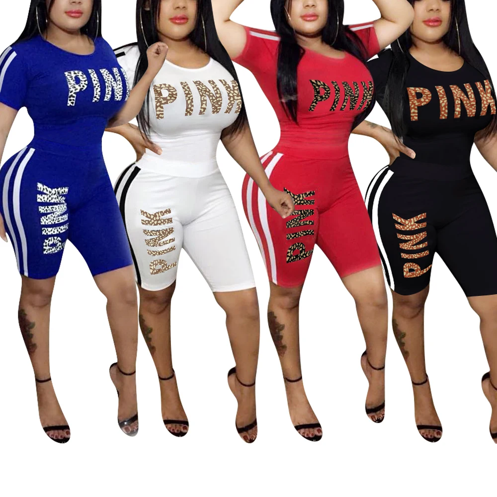 

Letter Print Sport Suit Pink Multi Size Clothing Slash Holiday Young Summer Women Casual Set Two Piece Breathable Clothes 2020