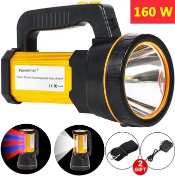 

160W Flashlight LED 800m Long Range Powerful Camping LED Torch Waterproof Searchlight Long Use USB Rechargeable With Sidelight