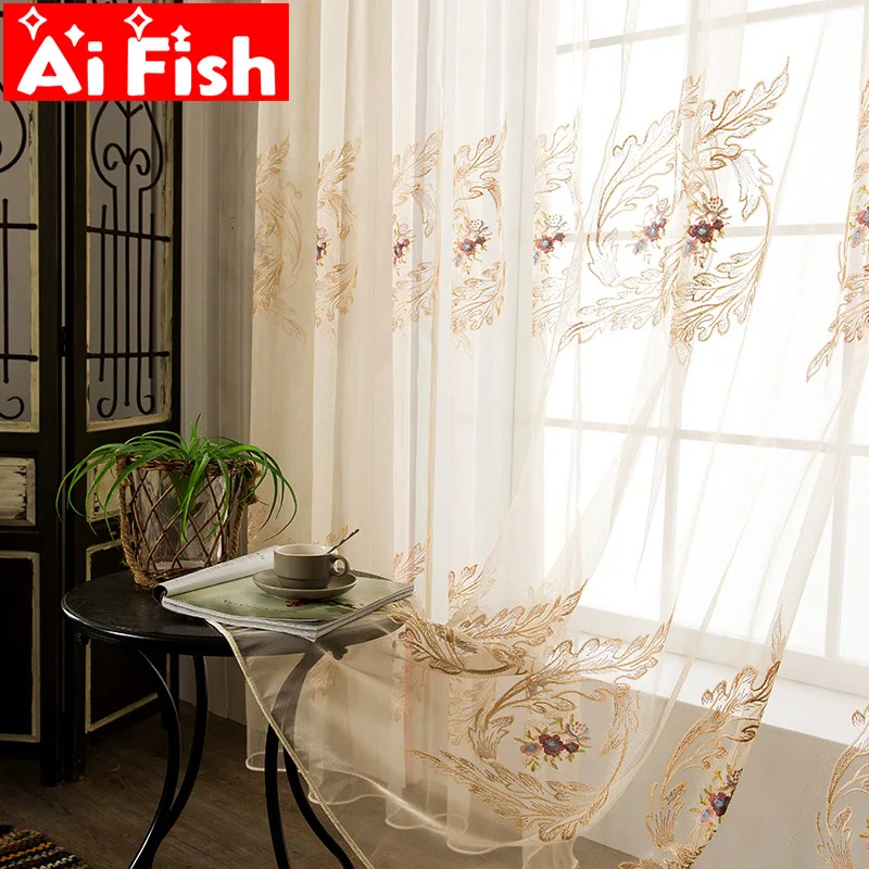 

Pastoral-Style Flat Embroidered Curtain Tulle Window Screen for Living Room Bedroom Study Versatile High-Grade Sheer M165-40