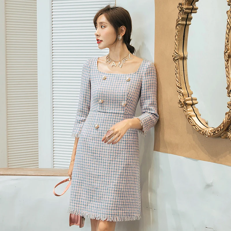 

YIGELILA Latest Fashion Tweeds Dress Elegant Square Collar Three Quarter Sleeves Empire Slim Knee-length Straight Dress 65246