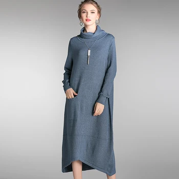 

Winter Basic Dress Women Knitting Long Sleeve Plus Size Big Pocket All Match Knit Turtleneck Dresses Winter Autumn Lady