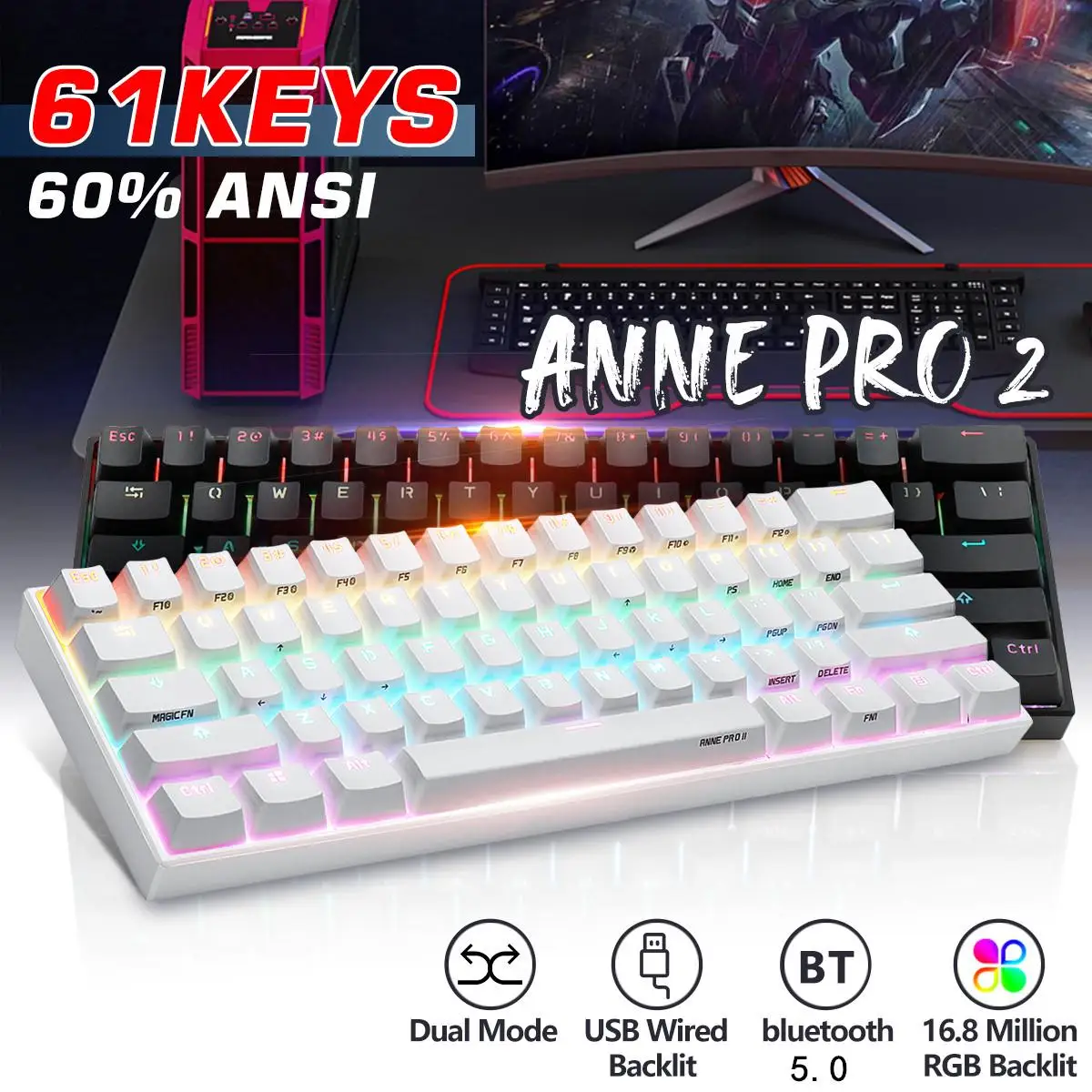 Миниатюрная Механическая игровая клавиатура Anne Pro 2 NKRO bluetooth 5.0 Type-C RGB 60% Gateron Kailh