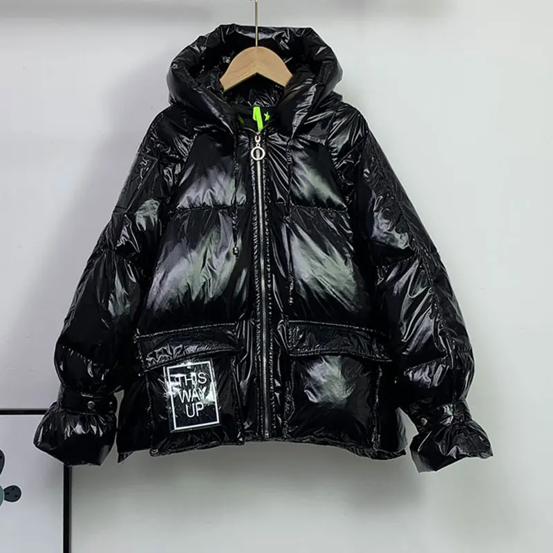 

2020 New Fashion Down Coat Thick Winter Glossy Women Hooded Parka Quality White Duck Down Jacket Female Loose Outerwear Warm