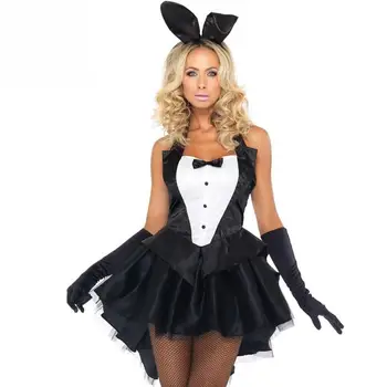 

Halloween Sexy Bunny Costume Adult Tuxedo Rabbit Dress S-XXL Plus Size Cosplay Suit halter tuxedo top skirt bunny ears headpiec