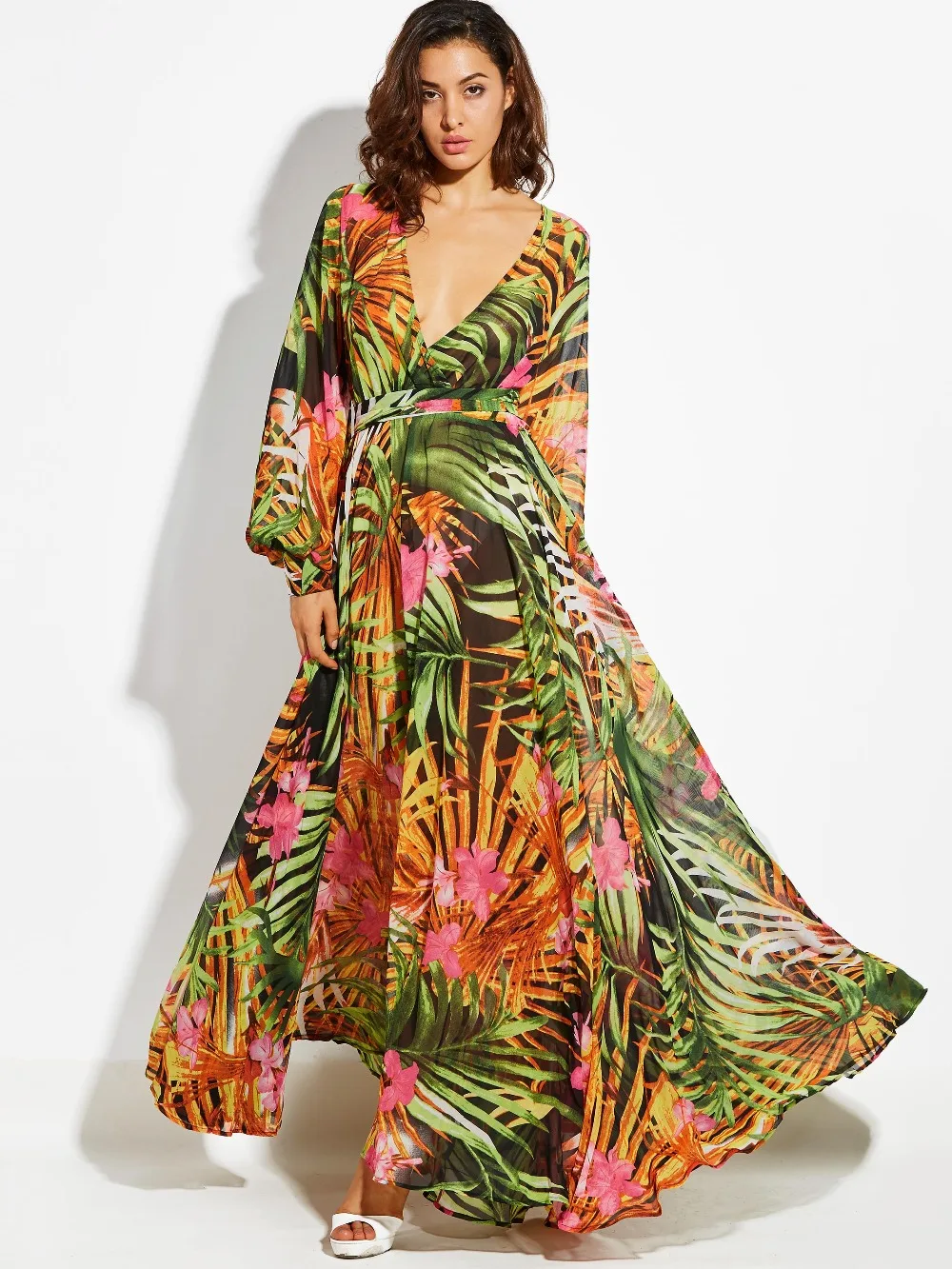 Plus Size Women's Boho Tropical V-Neck Lace-Up Green Print Maxi Dress for Summer Beach Casual Holiday