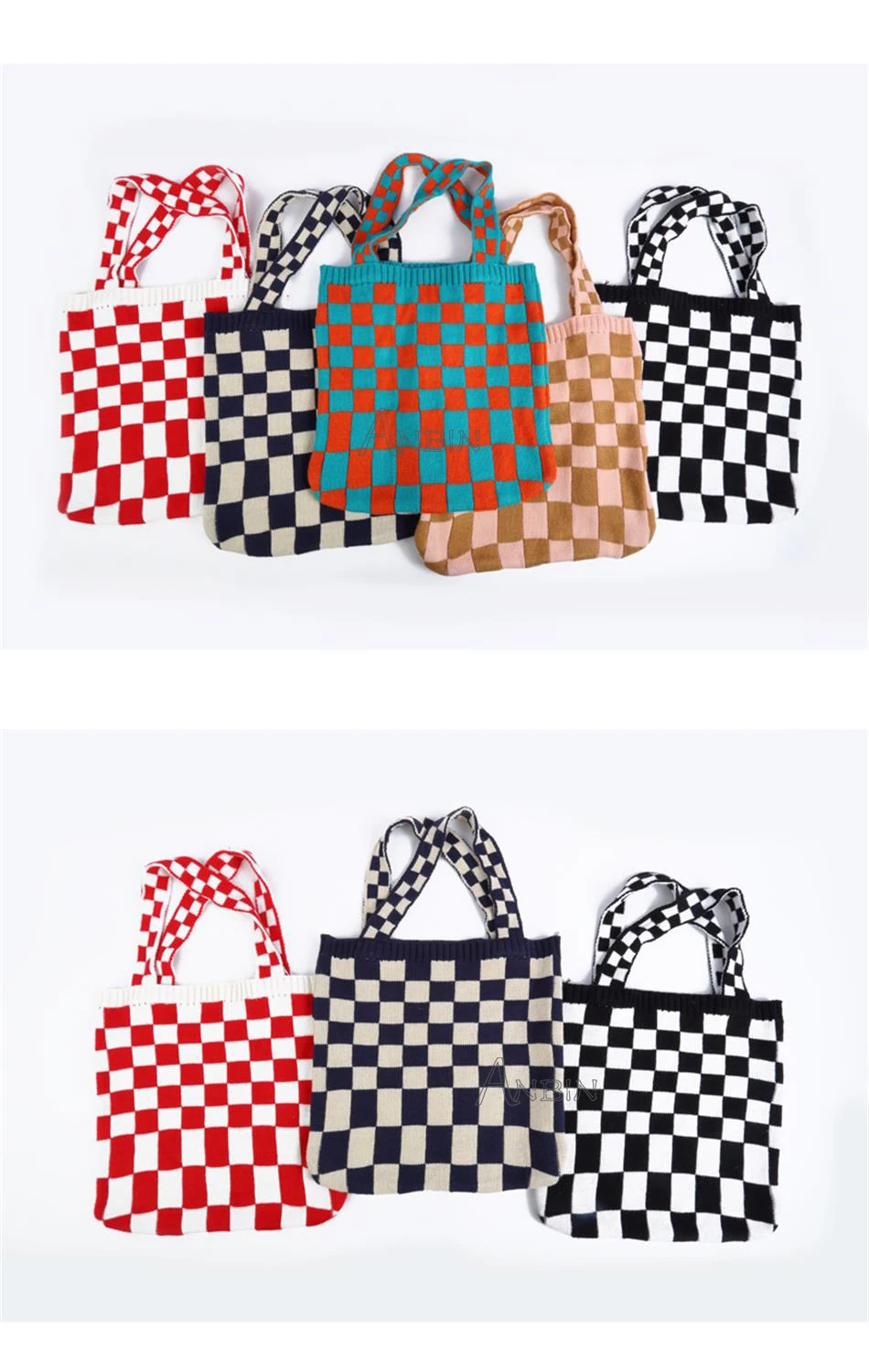 Women's Checkerboard Shoulder Bags Design Knitted Tote Casual Weave Woolen Retro Plaid Handbag Female Fashion Daily Shopping Bag