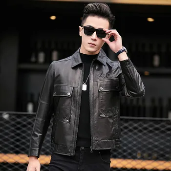 

2020 New Spring Sheepskin Locomotive Leather Jacket Men's Short Genuine Leather monclaire jacket High Quality Mens Clothing