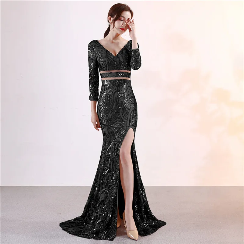 Skyyue вечернее платье с v-образным вырезом женские вечерние платья с открытой спиной халат на молнии De Soiree длинный рукав Сплит блесток Формальные платья C105 - Цвет: Black