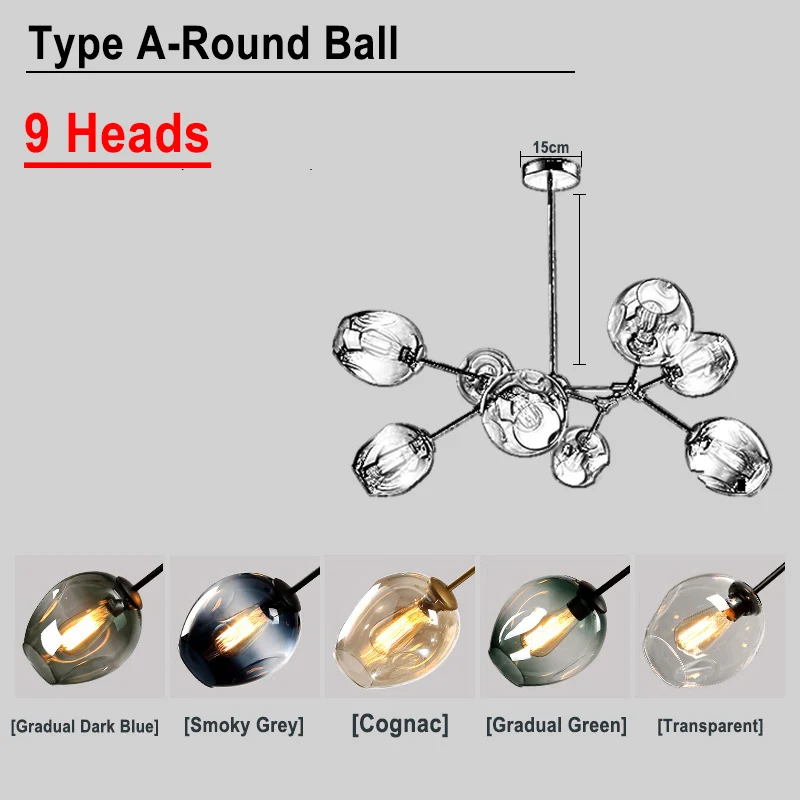 Скандинавское стекло светодиодный светильник-люстра Лофт домашний декор для помещений столовая Подвесная лампа для ресторана гостиной подвесной светильник - Цвет абажура: A 9 Heads