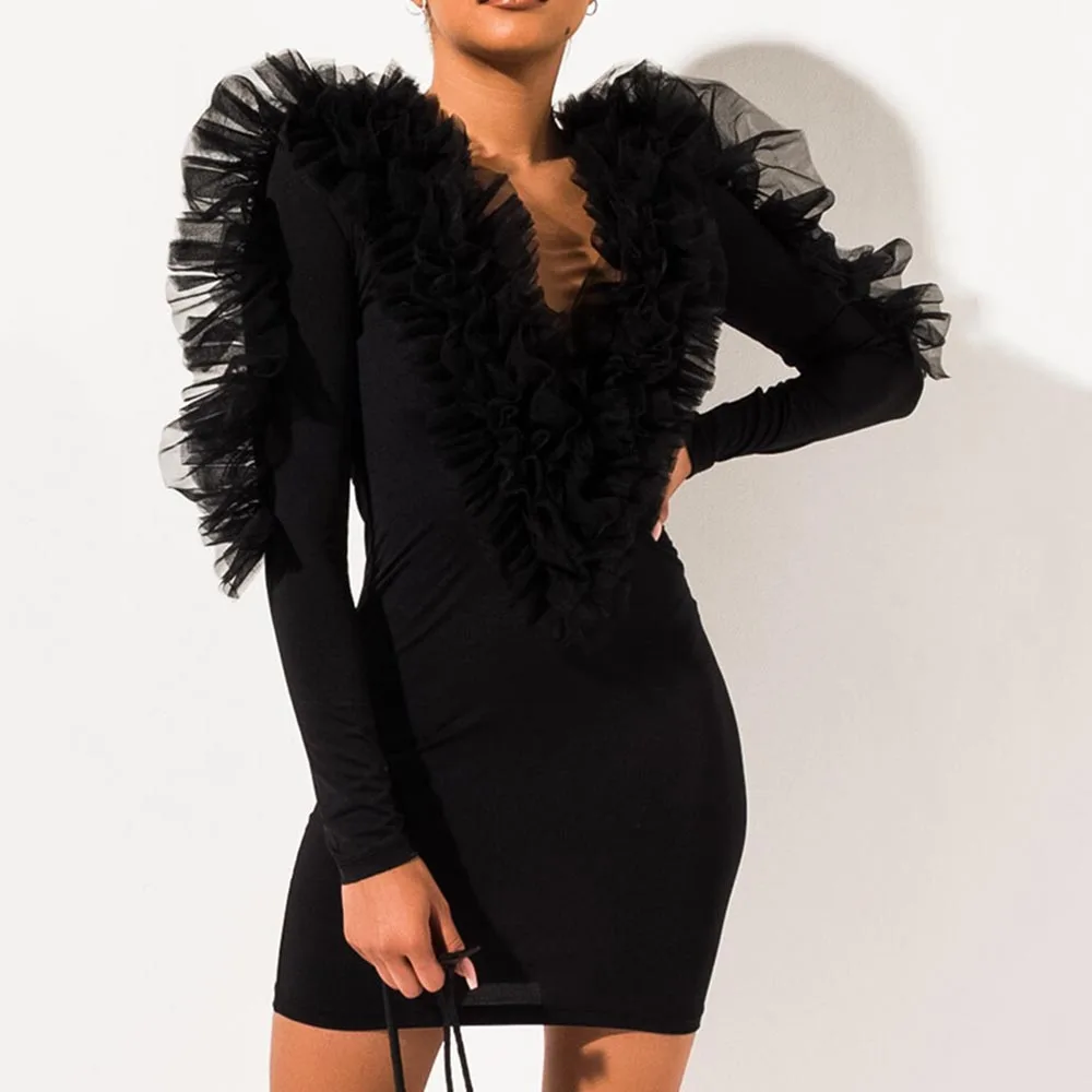 

Women's Autumn Fashion Casual Nightclub Gauze Long Sleeve Ruffled Waist Fluorescent Deep V-neck Hip Leopard Bodycon Mini Dress