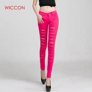 

WICCON 2018 Spring Summer Fashion Pants High Waist Skinny Hole Streetwear Jeans Woman Female Solid Pencil Pants Women Trousers