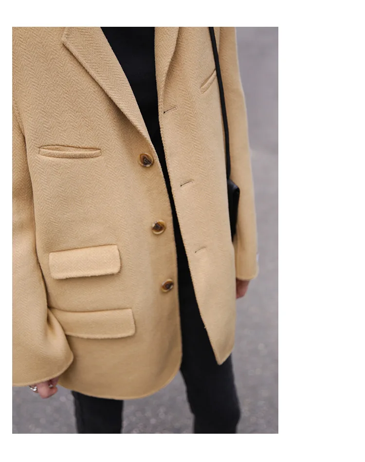 autumn and winter suit collar woolen coat female retro solid color handmade double-sided woolen coat