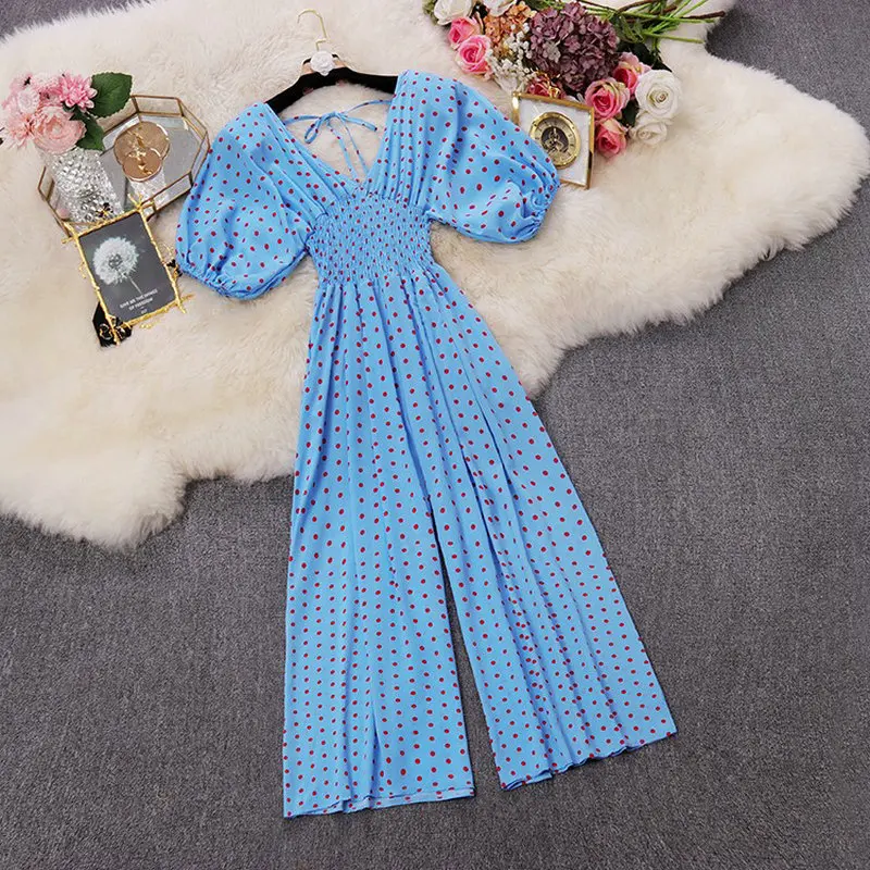 HISUMA summer new women's dot print deep V neck puff sleeve chiffon jumpsuit female V collar Wide leg playsuits women bodysuit HISUMA summer new women's dot print deep V neck puff sleeve chiffon jumpsuit female V collar Wide leg playsuits women bodysuit