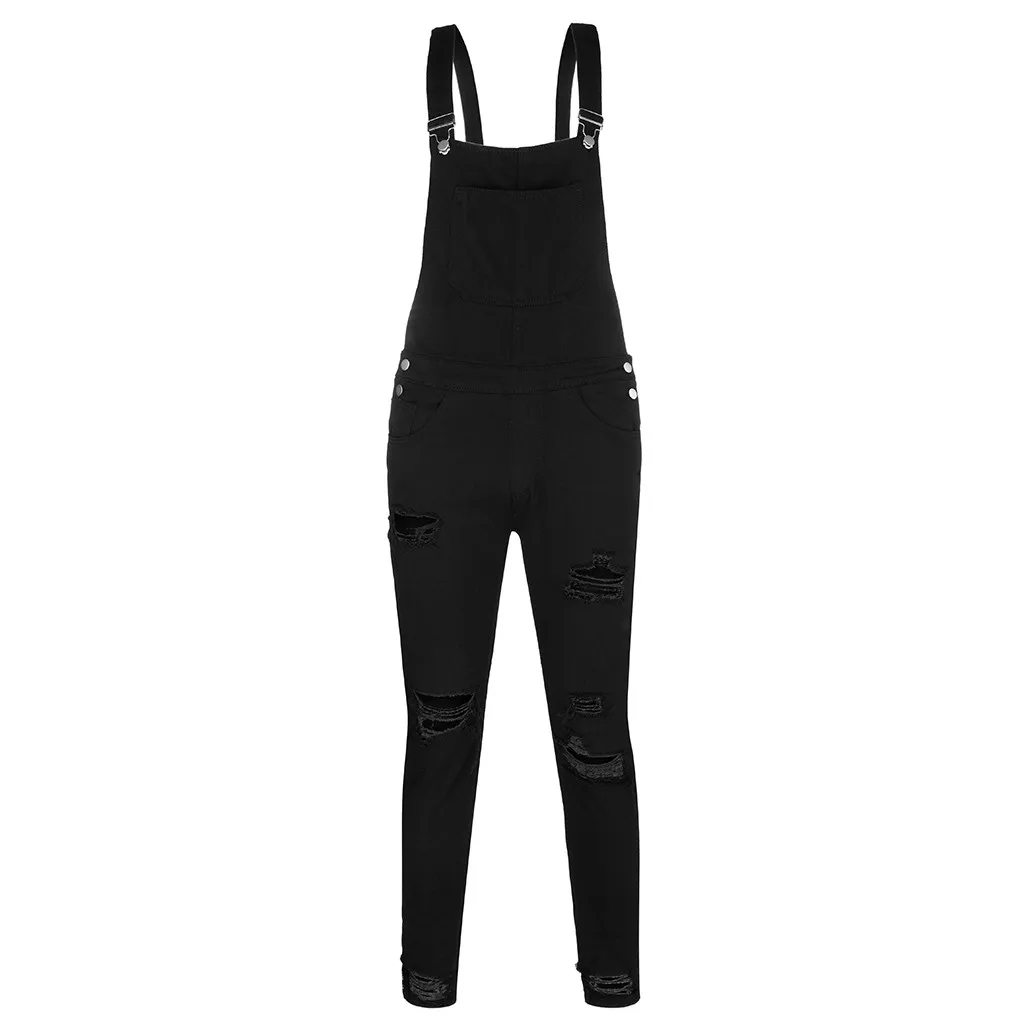 KLV Fashion Men's Overall Casual Jumpsuit Jeans Wash Broken Pocket Trousers Suspender Pants Leisure Casual Breathable hot 9807